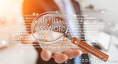 Hacker using digital magnifying glass to find password 3D render Stock Photo