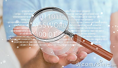Hacker using digital magnifying glass to find password 3D render Stock Photo