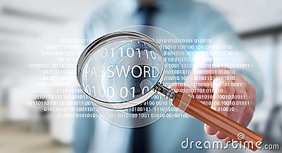 Hacker using digital magnifying glass to find password 3D render Stock Photo