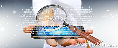 Hacker using digital magnifying glass to find password 3D render Stock Photo