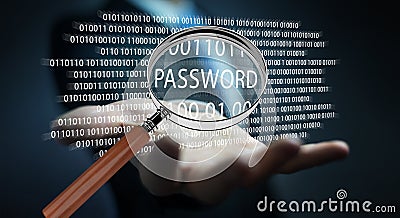 Hacker using digital magnifying glass to find password 3D render Stock Photo