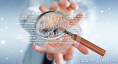 Hacker using digital magnifying glass to find password 3D render Stock Photo