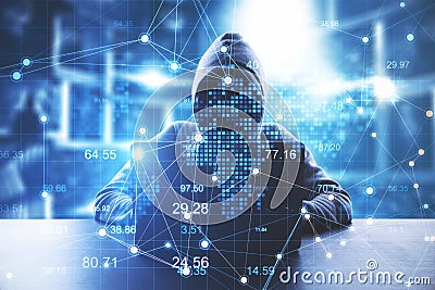 Hacker using laptop with glowing data interface Stock Photo