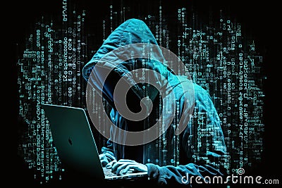 A hacker utilizing an abstract laptop featuring a digital interface with binary code. AI Stock Photo