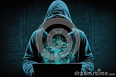 A hacker utilizing an abstract laptop featuring a digital interface with binary code. AI Stock Photo