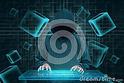 Hacker with virtual keyboard trying to hack blockchain security Stock Photo