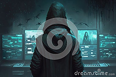 hacker, who uses their skills to break into secure systems and uncover hidden secrets, all while staying one step ahead Stock Photo