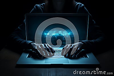 Hacker woman typing on laptop computer at night Stock Photo