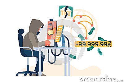 Hacker work. Digital thief and fraudster hacks banking protection. Masked man behind monitors. Cyber password cracker Vector Illustration