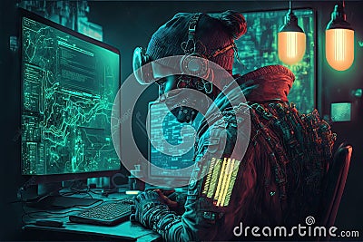 A hacker working on computer,.internet security, network programming. Generative Ai Stock Photo