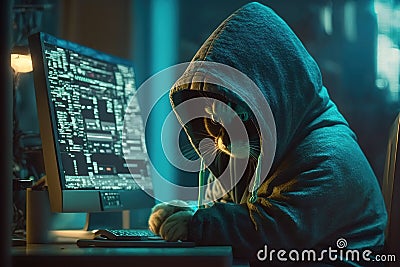 Hacker works in dark room, hooded cat uses computer, illustration, generative AI Cartoon Illustration