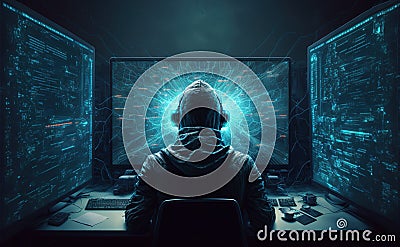 Hacker works in dark room, man uses computer with futuristic monitors, generative AI Stock Photo