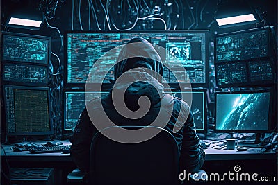 Hacker works in dark room, man uses computer with monitors for crime, generative AI Stock Photo