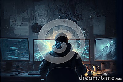 Hacker works in dark room, man uses computer with monitors for crime, generative AI Stock Photo