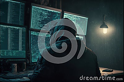 Hacker works in dark room, man uses computers with many monitors, generative AI Stock Photo