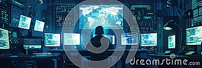 A hacker works intently at a desk cluttered with computer screens, analyzing data in a dimly lit environment focused on Stock Photo