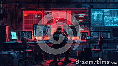 A hacker works intently at a desk, illuminated by the glow of multiple computer screens, in a dark, tech-filled Stock Photo