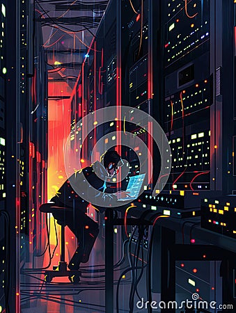 A hacker works intently at a laptop amid glowing server racks, manipulating data in a dimly lit, high-tech environment Stock Photo