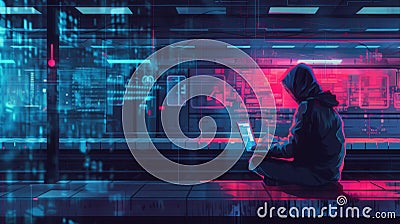 A hacker works intently on a laptop at a metro station, emphasizing the dangers of using public Wi-Fi networks for Stock Photo