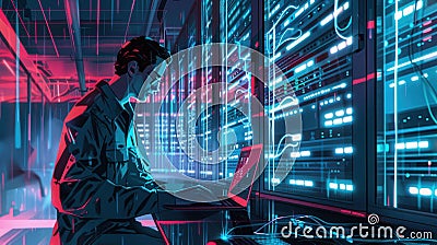 A hacker works intently on a laptop, surrounded by illuminated server racks in a dark environment. Generative AI Stock Photo