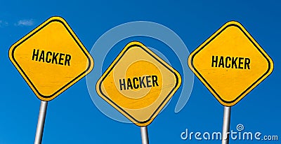 Hacker - yellow signs with blue sky Stock Photo