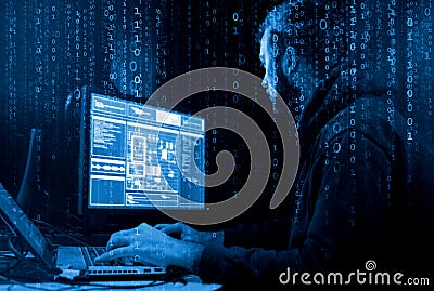 Hackers breaking server using computers. Cybercrime concept. Stock Photo