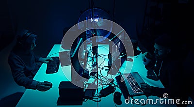 Hackers breaking server using multiple computers and infected virus ransomware. Cybercrime, technology, phishing mail Stock Photo