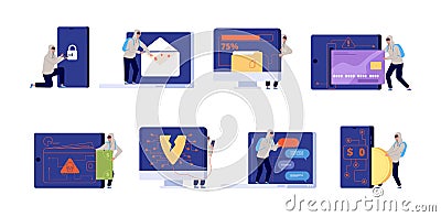 Hackers characters. Web thief, hacker data information phishing. Internet frauding, online bank burglary and hack Vector Illustration