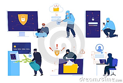 Hackers and cybercrime collection vector flat internet fraud and scam online phishing, cyber crime Vector Illustration