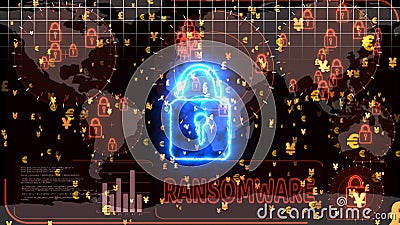 Hackers encrypt red digital technology Big Data Lock is detected by radar on world map, alternate concept to protect ransomware Stock Photo
