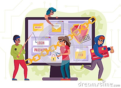 Hackers group. Financial cyber theft, digital scammers team, password crackers, networking digital attack, tiny thieves Vector Illustration