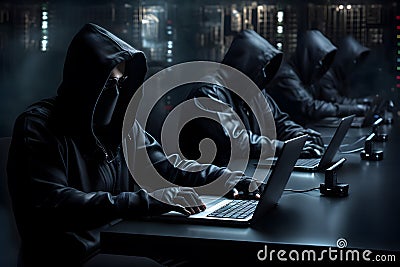 Hackers with hoodies typing laptops. Hacker group, organization or association. AI generated Stock Photo