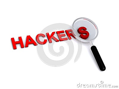 Hackers with magnifying glass on white Stock Photo