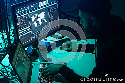 Hackers making cryptocurrency fraud using virus software and computer interface. Blockchain cyberattack, ddos and Stock Photo