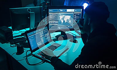 Hackers making cryptocurrency fraud using virus software and computer interface. Blockchain cyberattack, ddos and Stock Photo