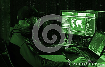 Hackers making cryptocurrency fraud using virus software and computer interface. Blockchain cyberattack, ddos and Stock Photo