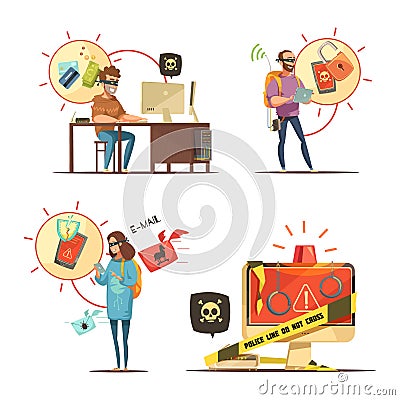 Hackers 4 Retro Cartoon Icons Composition Vector Illustration