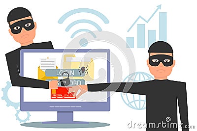 Hackers steal information. Hacker stealing money and personal information. Hacker unlock information, steal and crime computer dat Cartoon Illustration