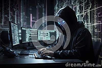 Hackers using laptops with binary codes digital interfaces Stock Photo