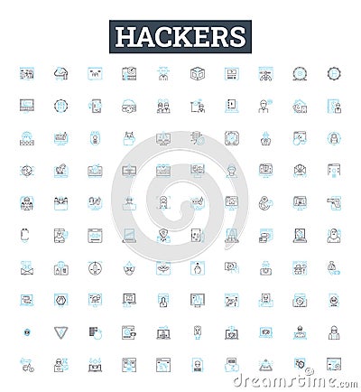 Hackers vector line icons set. hacking, cracker, malware, virus, exploit, phishing, cryptovirus illustration outline Vector Illustration