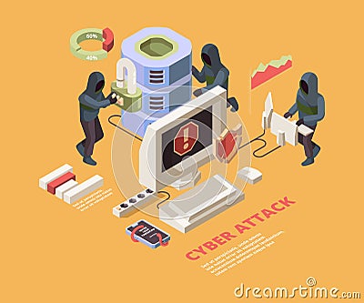 Hacking attack. Computer viruses or phishing pages cyber data protection vector isometric concept Vector Illustration