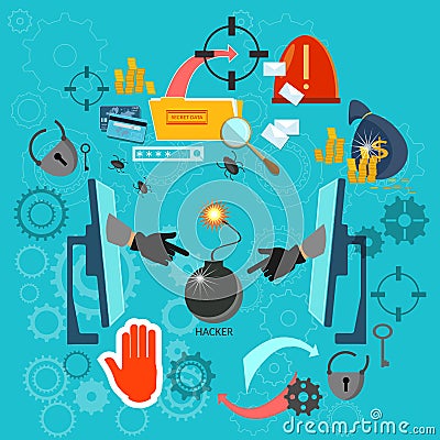 Hacking concept, protecting data computer Vector Illustration