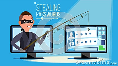 Hacking Concept Vector. Hacker Using Personal Computer Stealing Credit Card Information, Personal Data, Money. Flat Vector Illustration