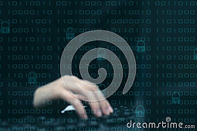 Hacking digital servers, cybercrime, Internet spy, information protection, network security, hacker at the computer hacks the Stock Photo