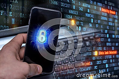 Hacking mobile devices by hackers. Data protection in the cloud Stock Photo