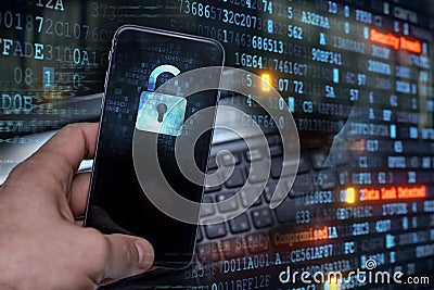 Hacking mobile devices by hackers. Data protection in the cloud Stock Photo