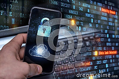 Hacking mobile devices by hackers. Data protection in the cloud Stock Photo