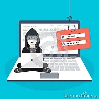 Hacking phishing attack. Hacker sitting at the desktop and hacking secret data on the laptop Stock Photo