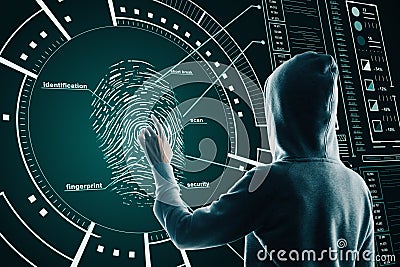 Hacking and security concept with back hacker pushing on fingerprint on cyberspace screen Stock Photo