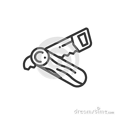 The hacksaw icon saws a tree. A simple linear representation of a hand tool in the process of cutting a log. Isolated Vector Illustration